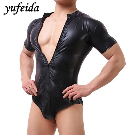 Yufeida New Arrial Sexy Men S Bodysuits Black PU Faux Leather Men S