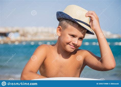 Happy Stylish Boy With Hat Enjoys Life On Summer Beach Summer Vacation