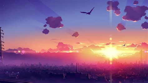 Download 1920x1080 Anime Landscape Sunset Sky Horizon Bird Clouds
