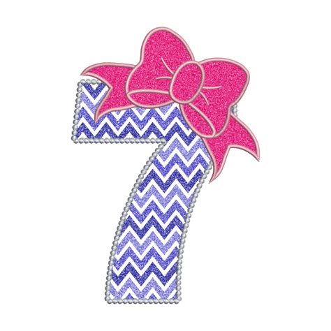 7 Birthday Applique Cute Bow 7th Number Instant Digital Download Stitch