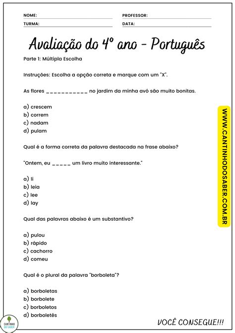 Avaliação Diagnóstica 4 Ano Português Para Imprimir