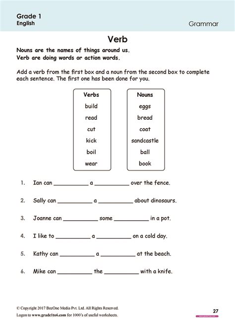 Grammar Worksheet For Std 1