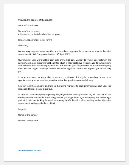 Sales Executive Appointment Letter Template Download Free