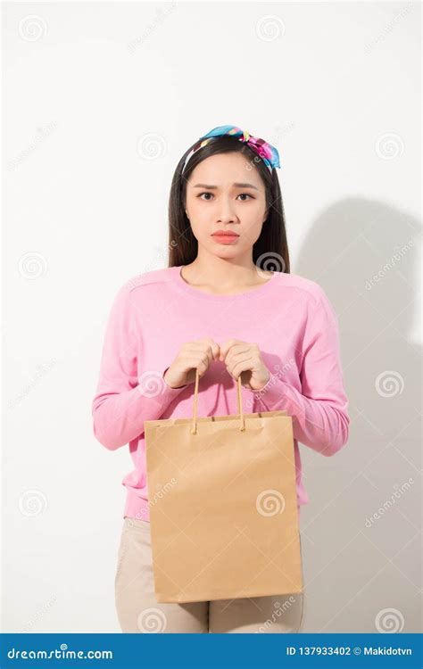 Girl Dreaming About Shopping Smiling Elegant Woman In Pink Dress And With Shopping Bags Stock