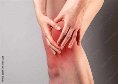 Kneecap Ache Broken Meniscus Pain Leg Joint Trauma Closeup Hand Massaging Injury Spot Stock