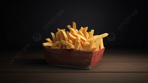 Basket Of French Fries On Brown Wood With Black Background 3d