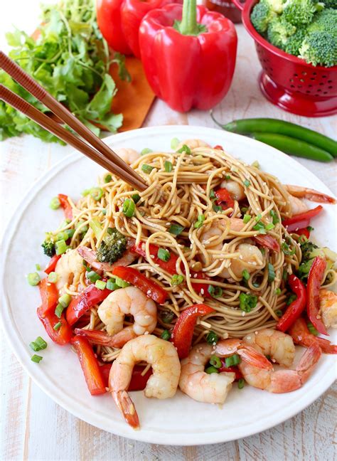 Teriyaki Shrimp Fresh Veggies And Lo Mein Noodles Are Combined In This