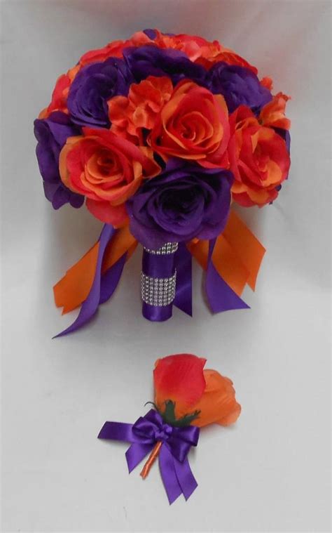 wedding silk flower bridal bouquet purple orange roses bride s bouquet groom s boutonniere