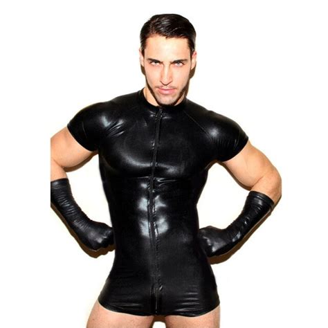 Mens Sexy Bodysuit Lingerie Gay Male Faux Leather Splice Soft Boxer