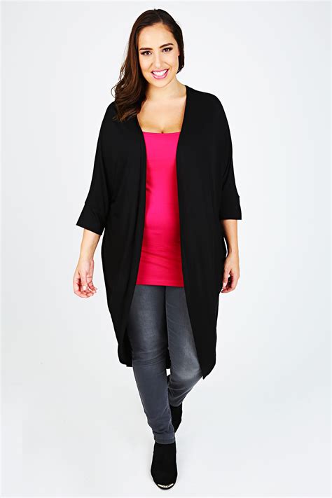 Black Longline Cocoon Cardigan With 34 Sleeves Plus Size 16182022