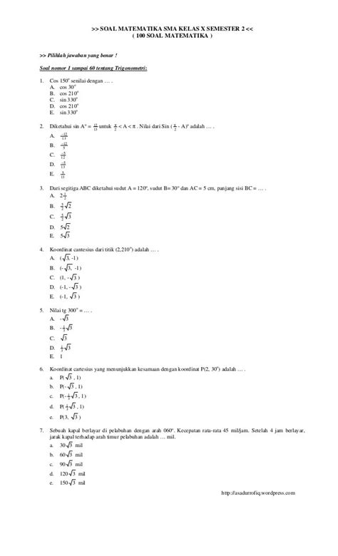 Contoh Soal Dan Jawaban Matematika Kelas X Semester 2 / 100 Soal