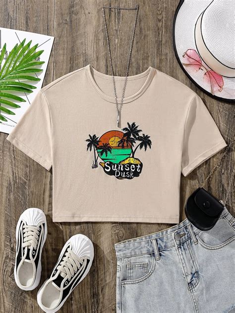 Shein Teen Girls Coconut Tree Letter Graphic Crop Tee Shein Usa