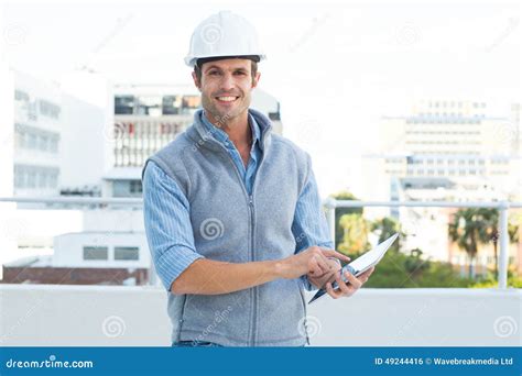 Happy Male Architect Using Digital Tablet Stock Photo Image Of Jacket