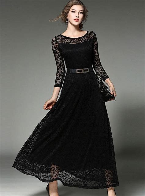 Lace Hollow Out Belt Long Sleeve Maxi Dress A Line Dresses Ankle Length Black Cotton Empire