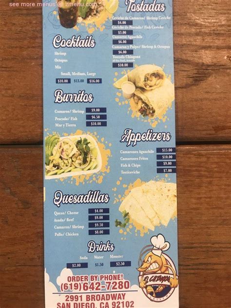 That japanese fishermen docked in the region and married their tempura traditions to the available mexican ingredients. Online Menu of Mariscos El Chingon Restaurant, San Diego ...