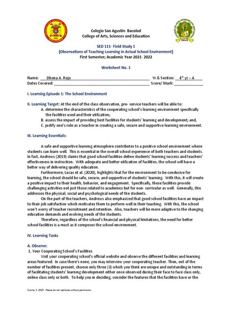 Sed 111 Field Study 1 Observations Of Teaching Learning In Actual