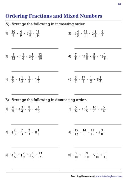 Ordering Fractions And Mixed Numbers On A Number Line Worksheet