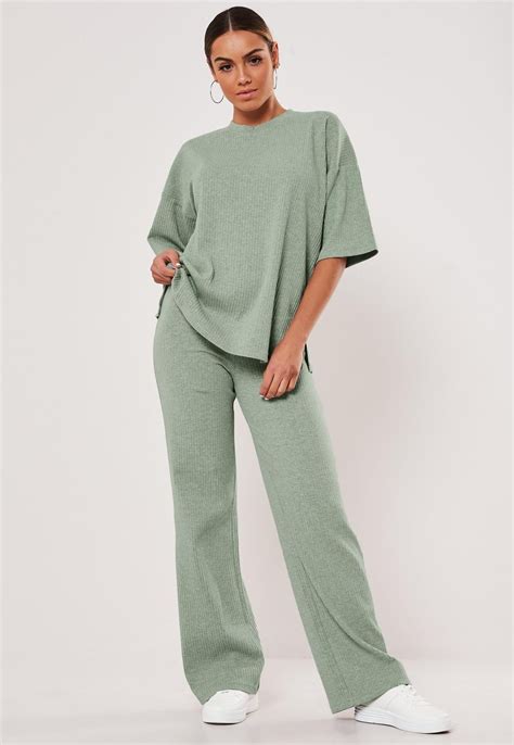 Sage Rib T Shirt And Wide Leg Pants Co Ord Set Missguided Trouser