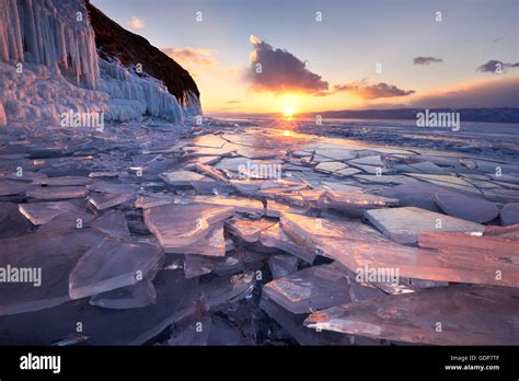 Broken Ice At Sunset Baikal Lake Olkhon Island Siberia Russia Stock