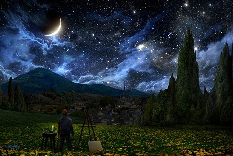 Hd Wallpaper Crescent Moon Landscape Painters Stars The Starry