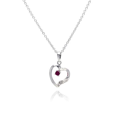 Sterling Silver Red Cz Rhodium Plated Heart Pendant Necklace Bgp00134