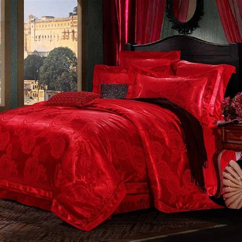 Solid Red Romantic Rose Pattern Sequin Jacquard Satin Luxury Full