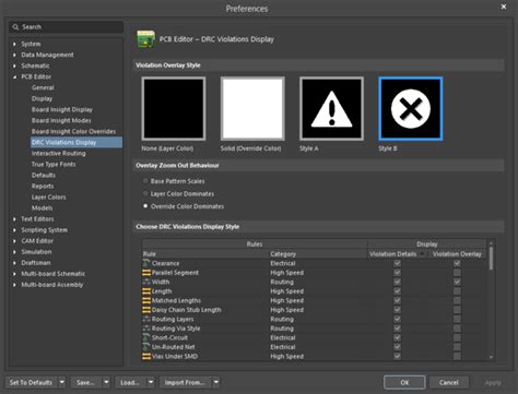 Defining PCB Editor DRC Violations Display Preferences For Altium