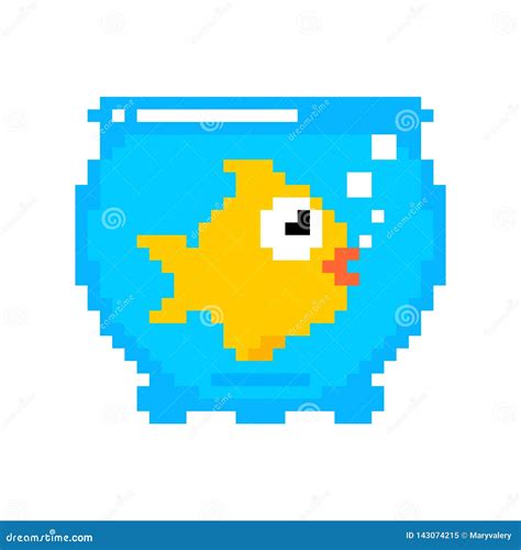Goldfish In Aquarium Pixel Art Isolated Gold Fish 8bit Sea Animal