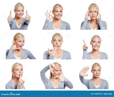 Set Of Pictures Of Woman With Different Gestures And Emotions Stock