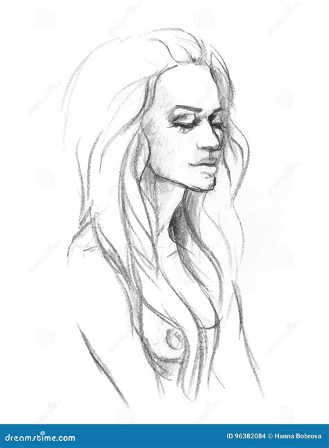 Portrait Of A Naked Girl Drawing With A Pencil Stock Illustration My