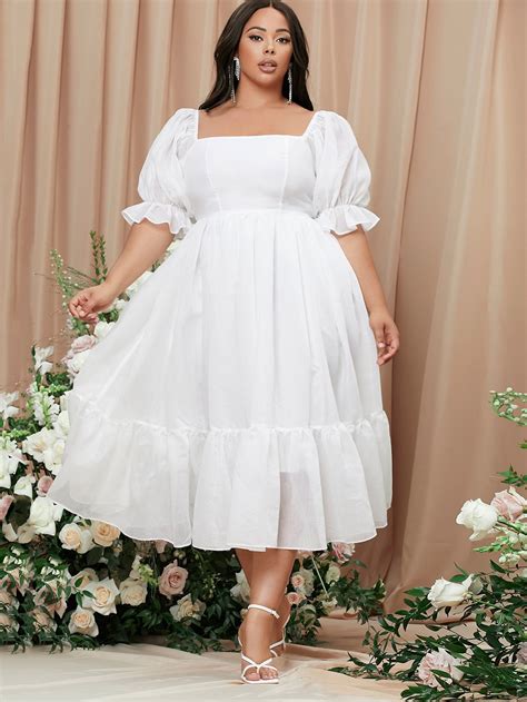 shein plus square neck puff sleeve milkmaid dress shein usa white plus size dresses