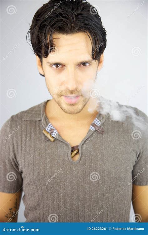 Handsome Man With Smoke Coming Out Of His Mouth Stock Image Image Of