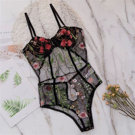 Embroidery Floral Lace Bodysuit Women Sexy Lingerie Porn See Through