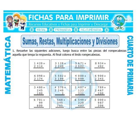 Ficha De Sumas Restas Multiplicaciones Y Divisiones Para Cuarto De My