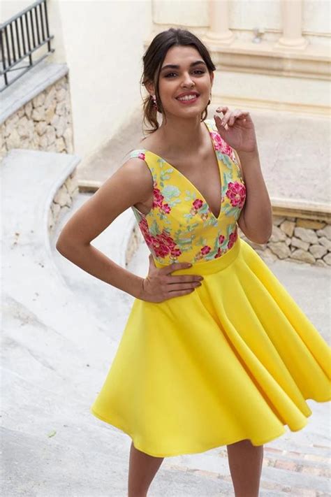 Yellow Floral Satin Illusion Back Daffodil V Neck Homecoming Dresses