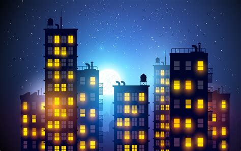 Night Building Illustration Stars Cityscape Moon Hd Wallpaper