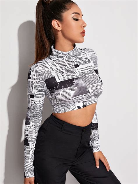 Ad Mock Neck Newspaper Print Crop Tee Tags Sexy Black And White