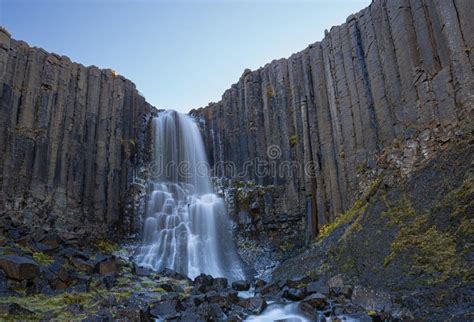 Basalt Columns Waterfall In Studlagil Canyon Iceland Stock Image