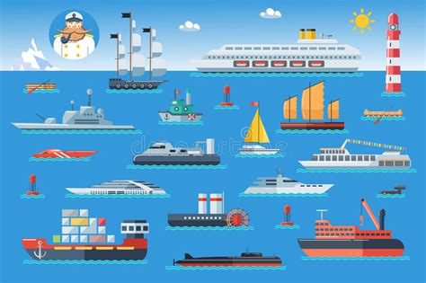 Los de pasaje, los aunque los que destacan por su volumen y gran capacidad son los buques de carga en el transporte marítimo. Big Set Of Sea Ships. Water Carriage And Maritime ...