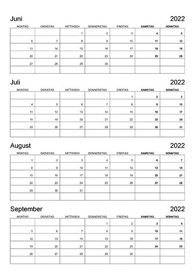 Kalender Juni Juli August September 2022 Kalendersu