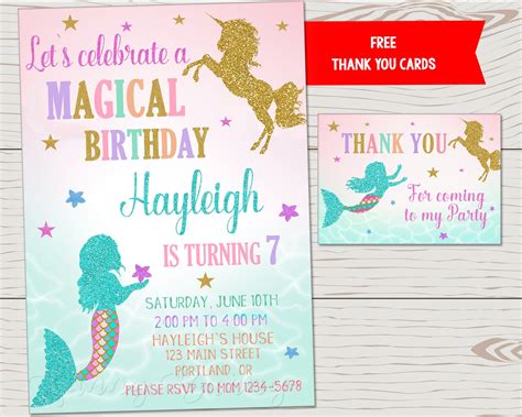 Mermaid And Unicorn Birthday Invitation Magical Unicorn Etsy