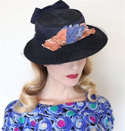 Vintage 1940s Hat 40s Tilt Hat Velvet Leaves On Navy Blue Etsy