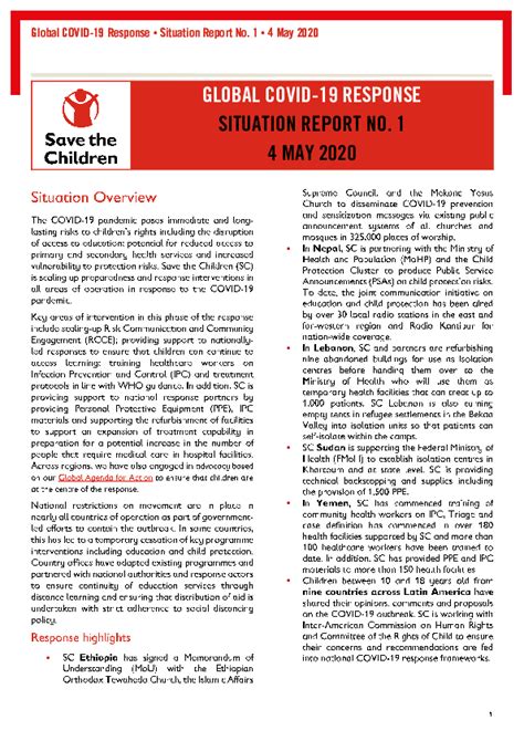 Save The Childrens Global Covid 19 Response Situation Report No 1