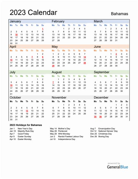 2023 Bahamas Calendar With Holidays