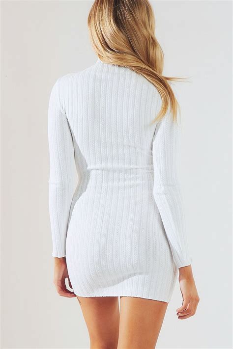 Cutesove Ribbed Long Sleeve High Neck Winter Mini Sweater Dress White
