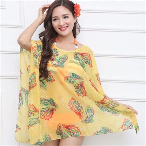 Ultra Thin Chiffon Printing Oversized Sunscreen Beach Towel Blouse Dress Women Polyester Kaftan