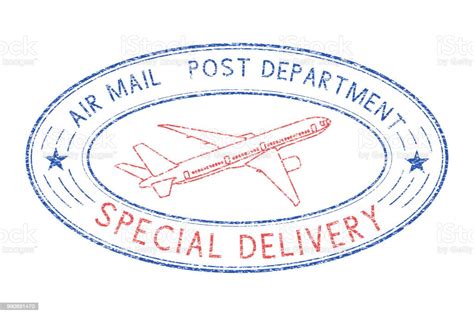 Oval Postmark With Plane Blue And Red Stamp For Envelopes Stock