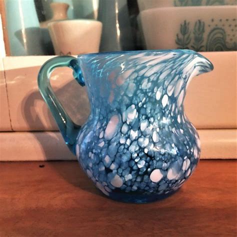 Vintage Hand Blown Glass Pitcher Blue And White Splatter With Applied Handle 3 Inch Window Sill