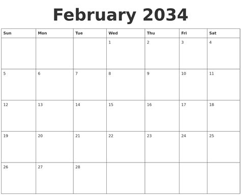 February 2034 Blank Calendar Template