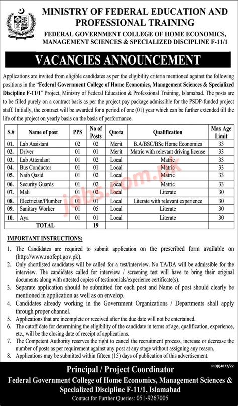 Ministry Of Federal Education Pakistan Jobs 2023 For Lab Assistants